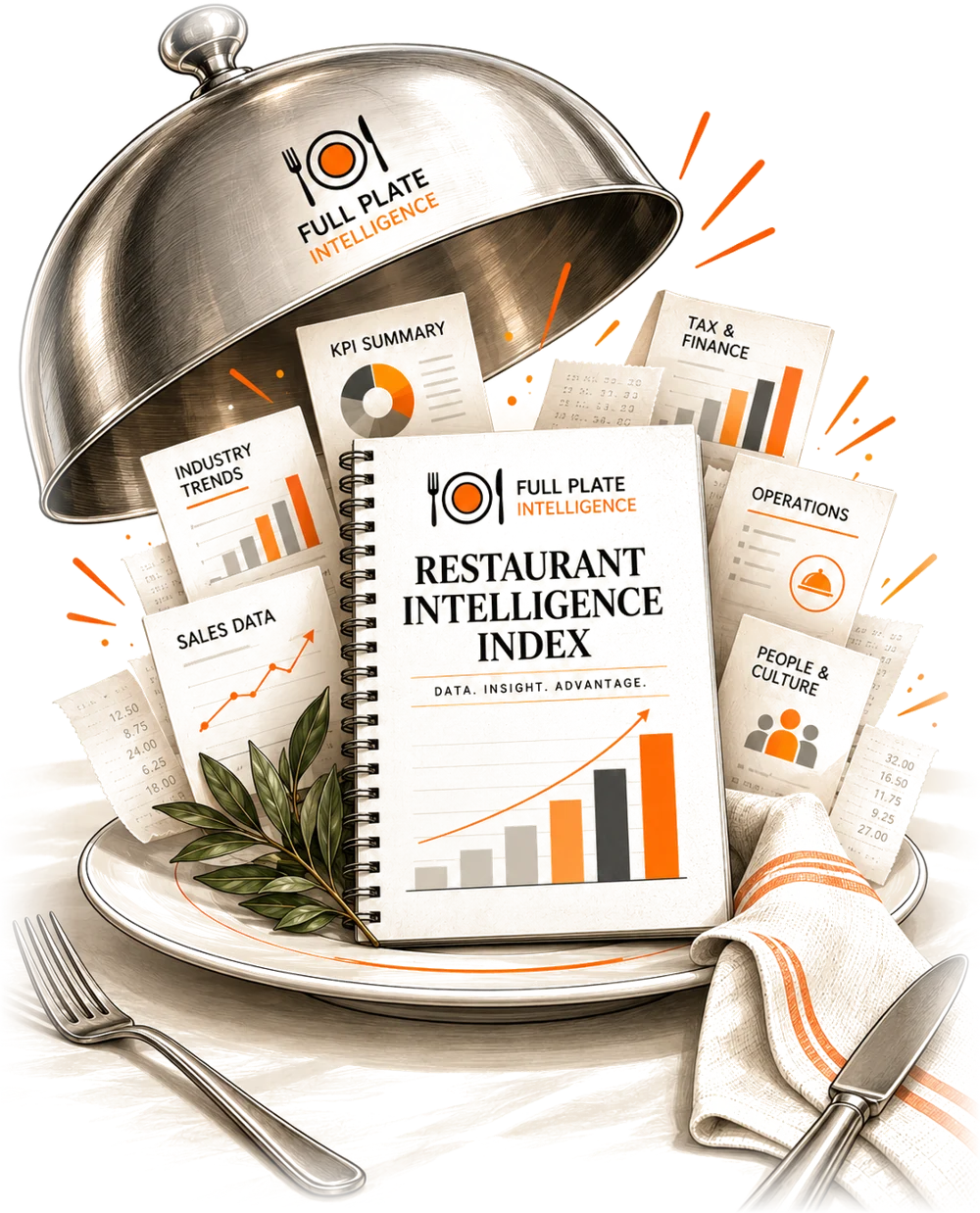 A silver cloche lifted from a plate to reveal the Restaurant Intelligence Index report, surrounded by sales data, industry trends, KPI summary, tax and finance, operations, and people and culture cards