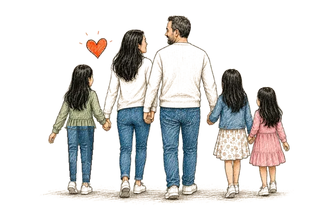 Hand-drawn illustration of Steve walking hand in hand with his wife and three daughters