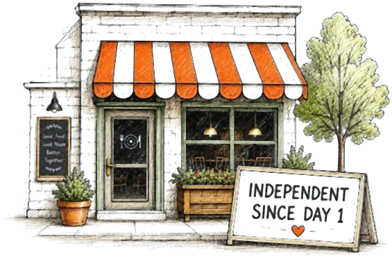 Hand-drawn independent restaurant storefront