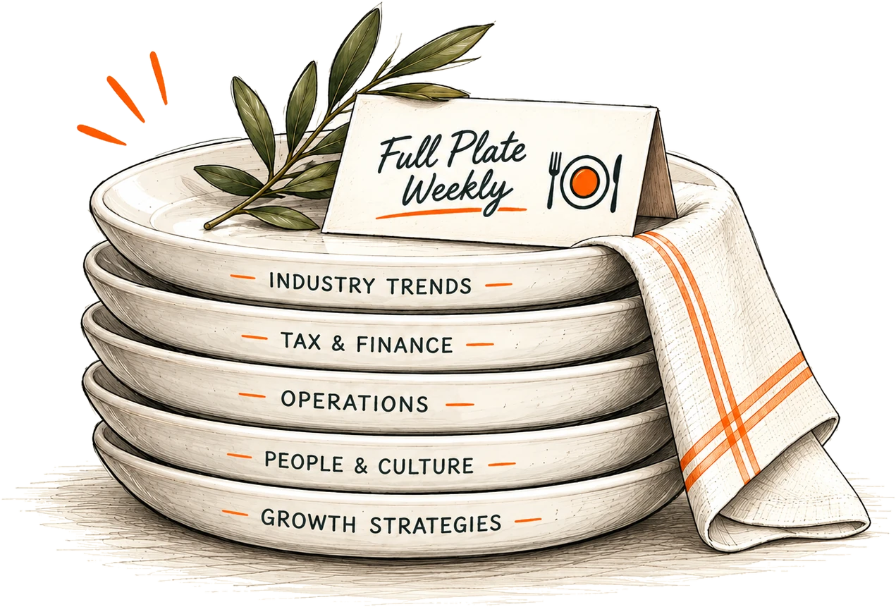 Illustration of a stack of plates labelled Industry Trends, Tax & Finance, Operations, People & Culture and Growth Strategies, with a Full Plate Weekly place card, an olive sprig and a striped napkin