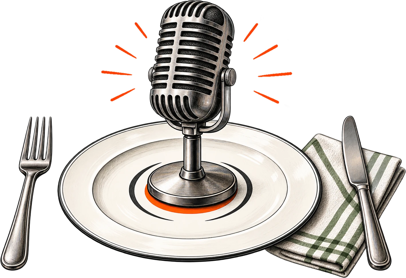 Illustration of a vintage microphone standing on a dinner plate, with a fork, knife and checked napkin