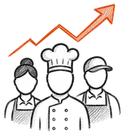 Restaurant team beneath an upward productivity arrow