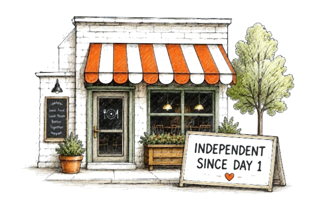 Sketch of an independent restaurant storefront with an 'Independent Since Day 1' sign