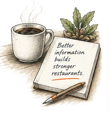 Sketch of a coffee cup, a plant, and a notebook that reads: Better information builds stronger restaurants.